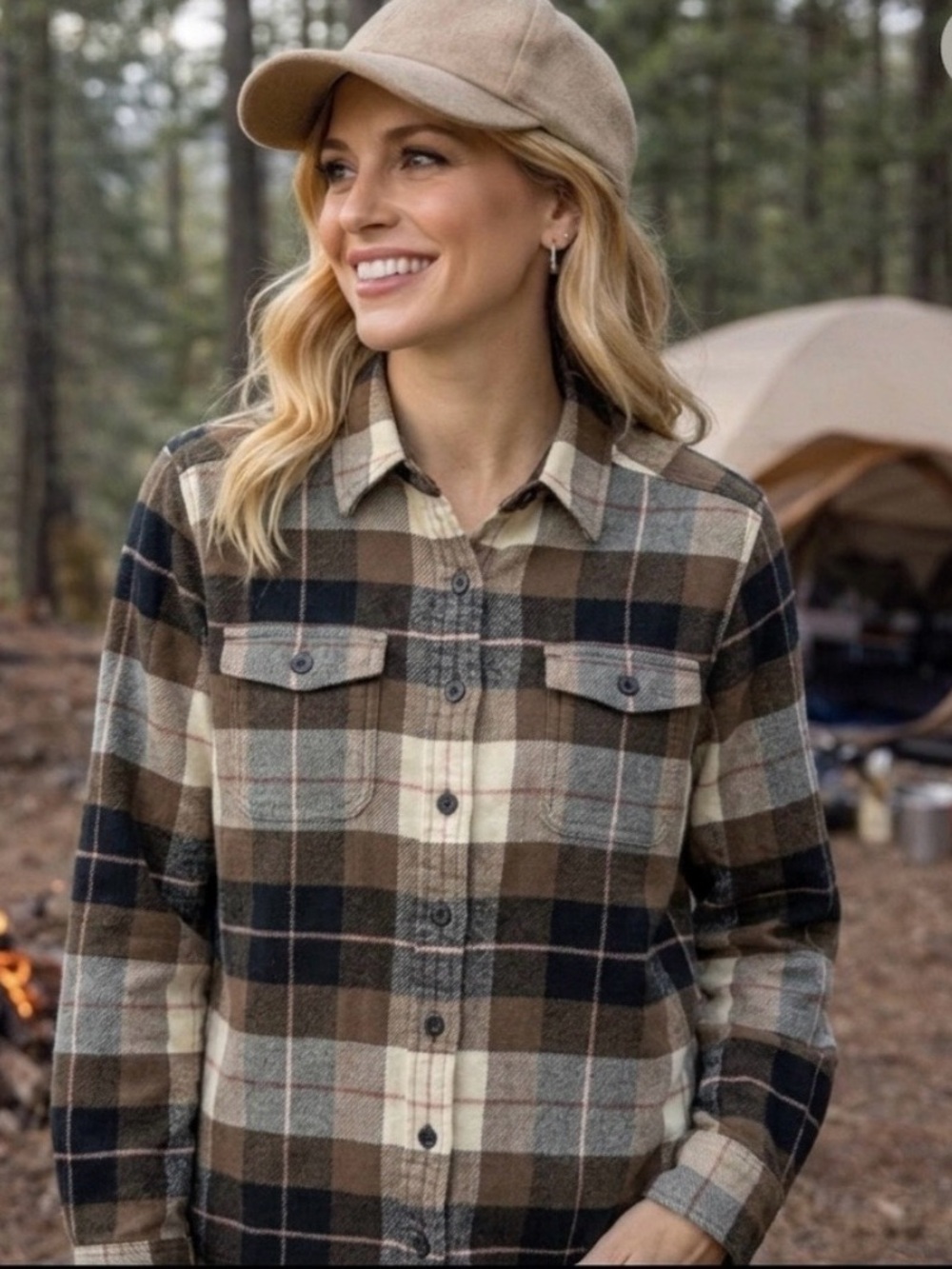 Women’s Plaid Button-Up Flannel Shirt Jacket - Brown/Cream